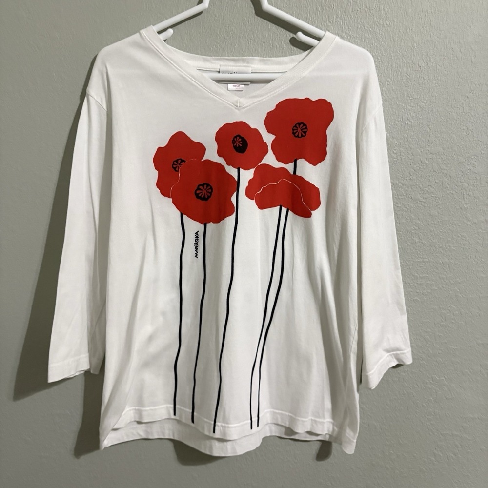 Marushka Handprints Poppy Graphic Tee White 3/4 Sleeve Cotton Top Women's L